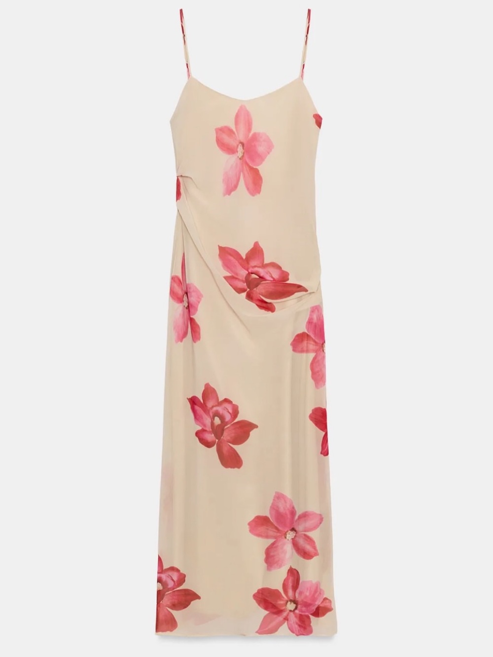 Zara Beige Maxi Slip Dress with Pink-Red Floral Print